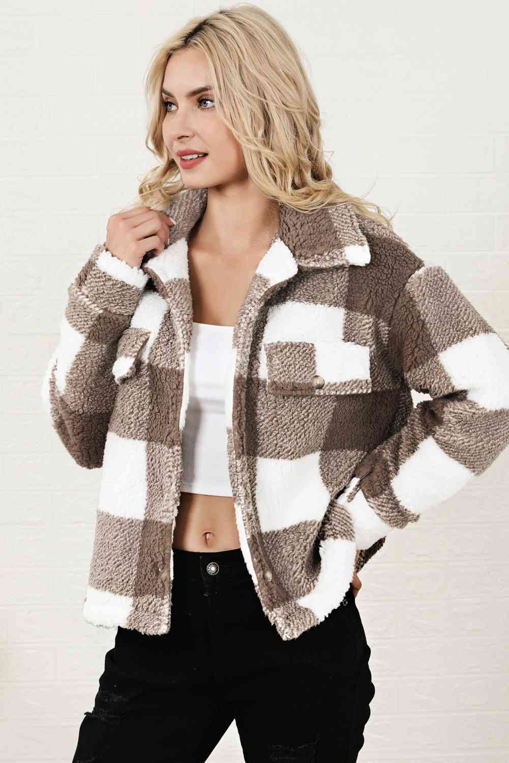 Plaid Collared Neck Drop Shoulder Jacket - TRENDMELO
