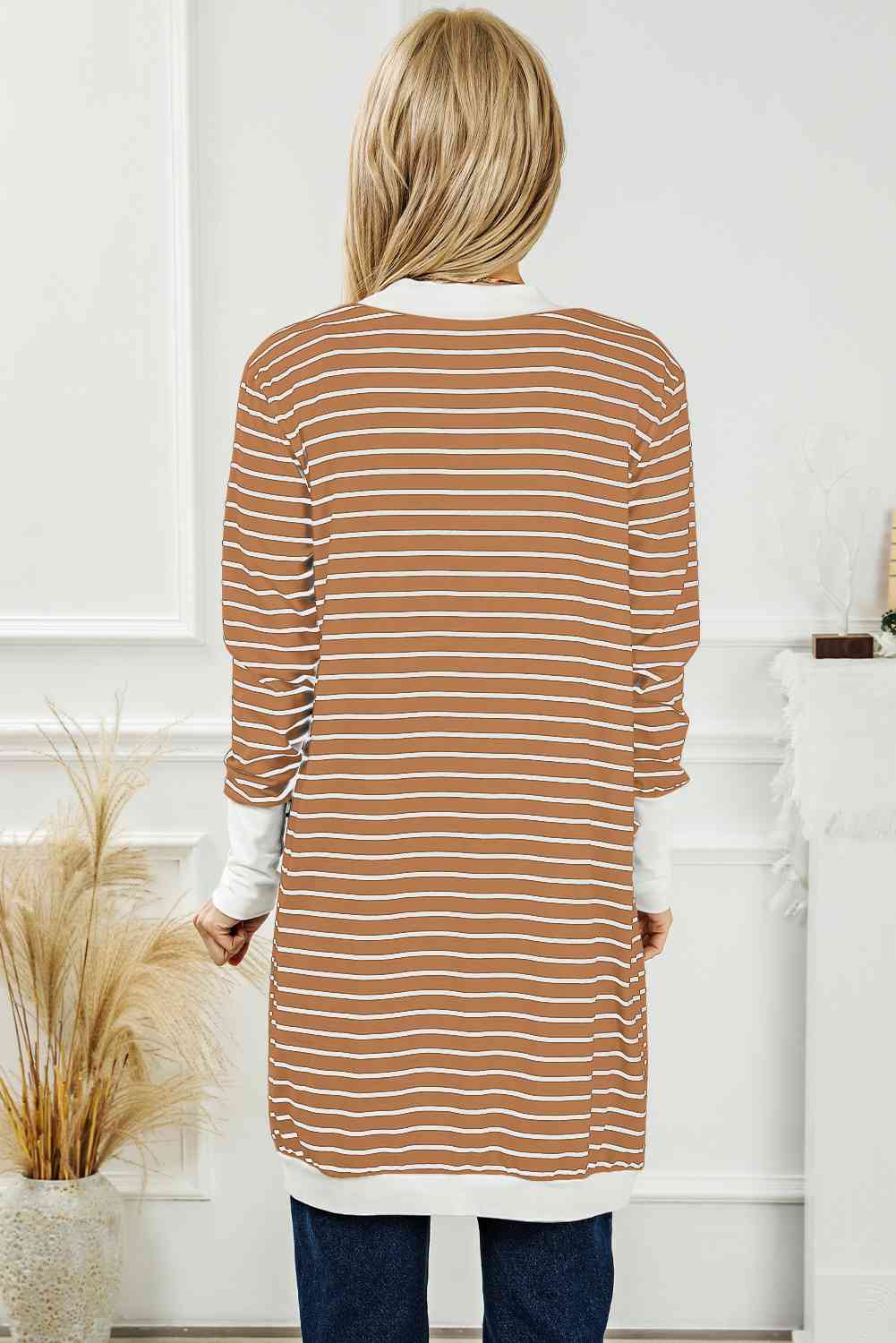 Striped Open Front Longline Cardigan - TRENDMELO