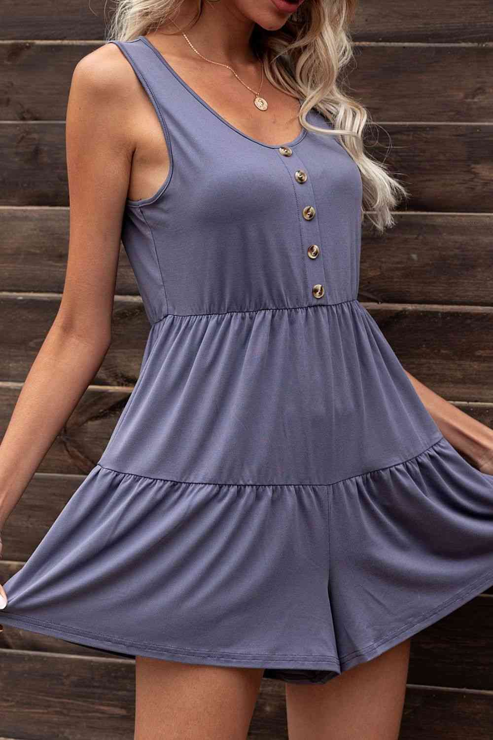 Decorative Button Tiered Sleeveless Romper - TRENDMELO