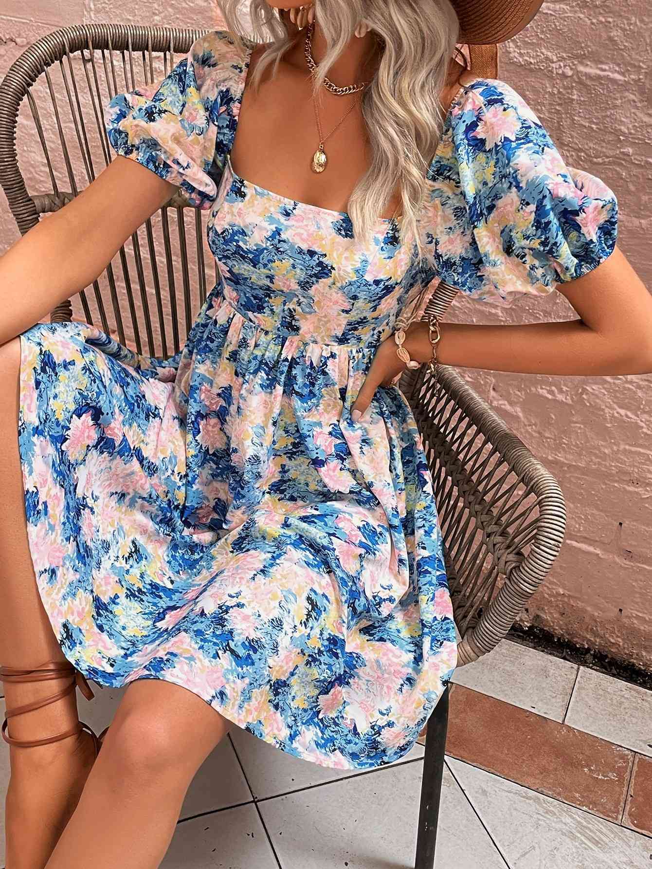 Floral Square Neck Puff Sleeve Dress - TRENDMELO