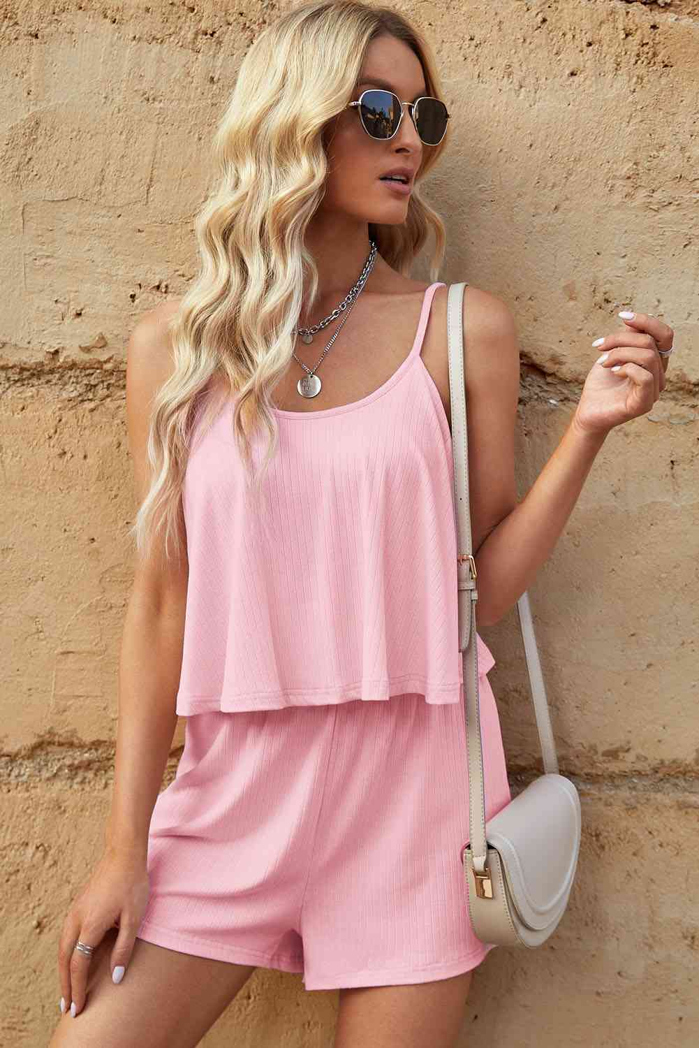 Ribbed Adjustable Spaghetti Strap Romper - TRENDMELO