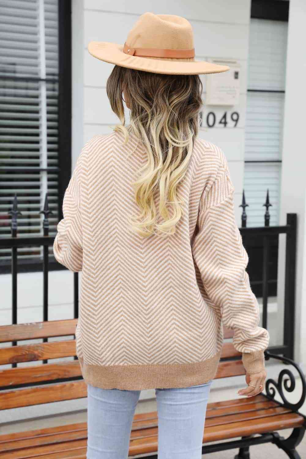 Striped V-Neck Dropped Shoulder Button-Up Cardigan - TRENDMELO