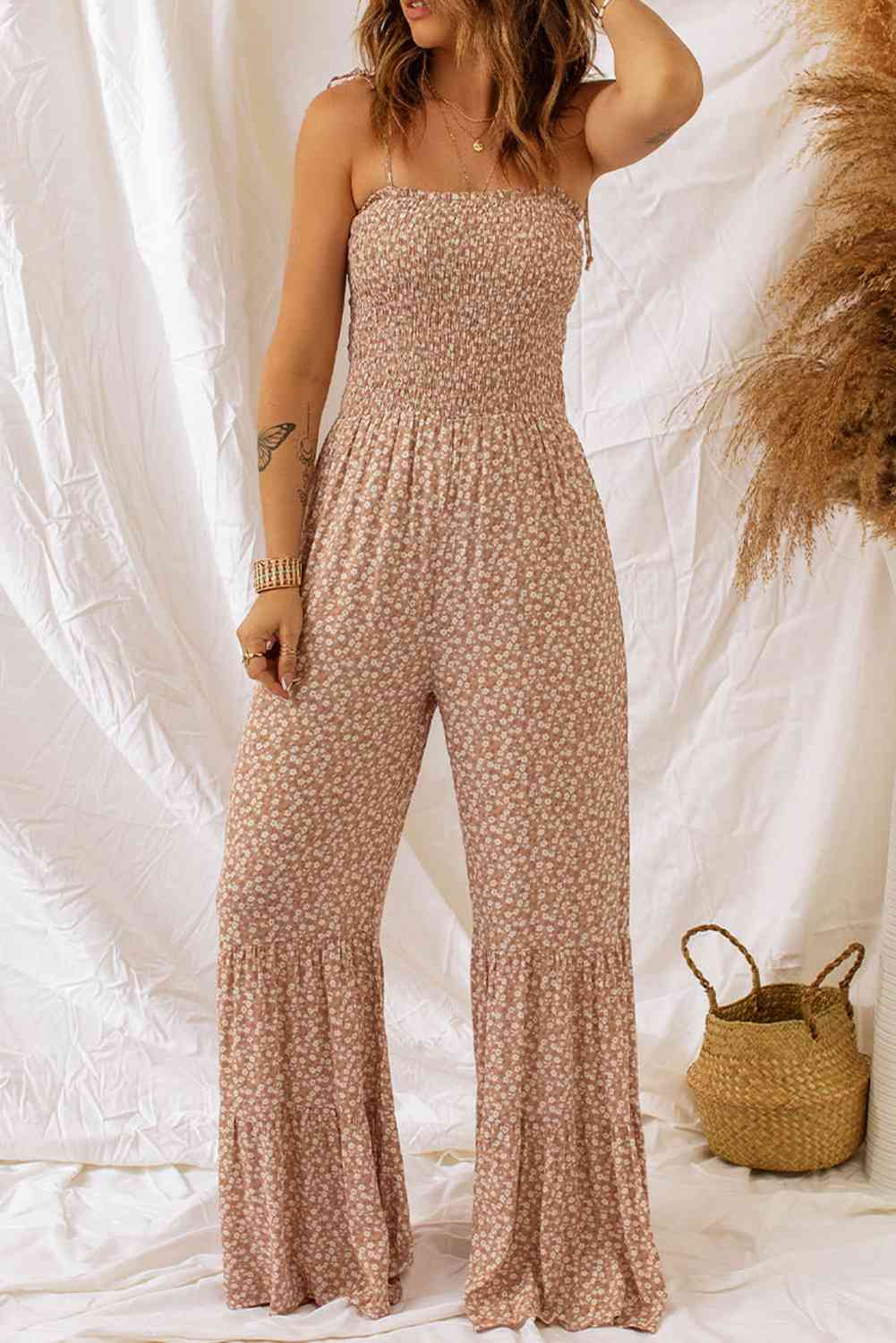 Floral Spaghetti Strap Smocked Wide Leg Jumpsuit - TRENDMELO