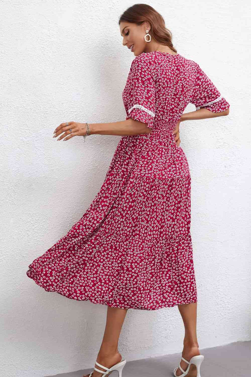 Floral V-Neck Smocked Waist Midi Dress - TRENDMELO