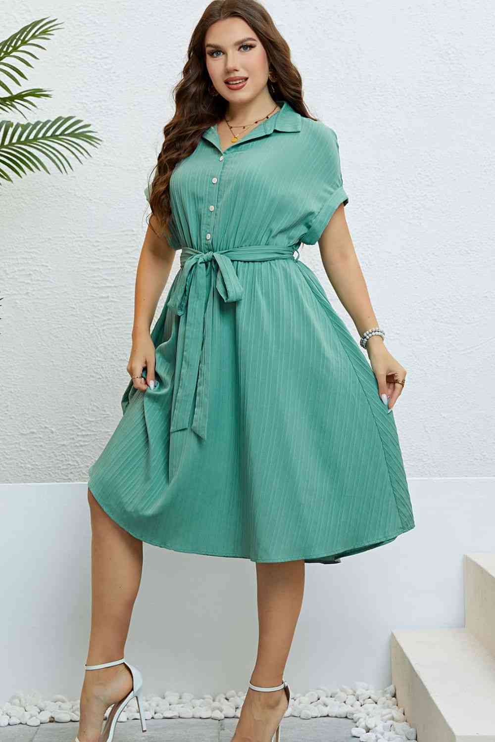 Buttoned Tie-Waist Shirt Dress - TRENDMELO