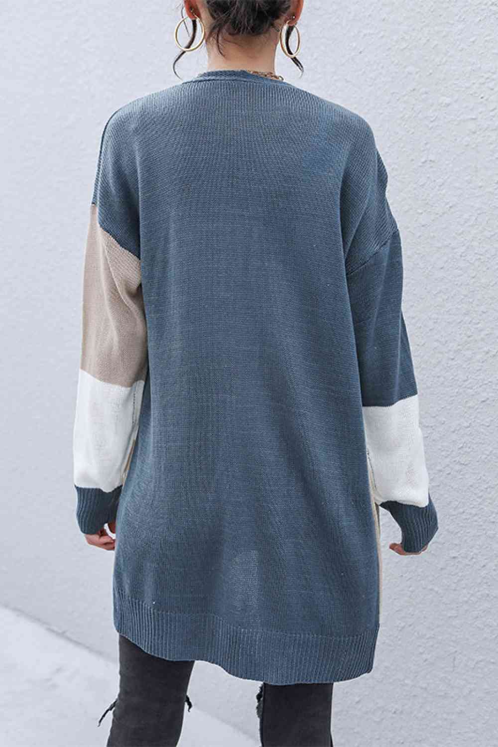 Color Block Dropped Shoulder Cardigan - TRENDMELO