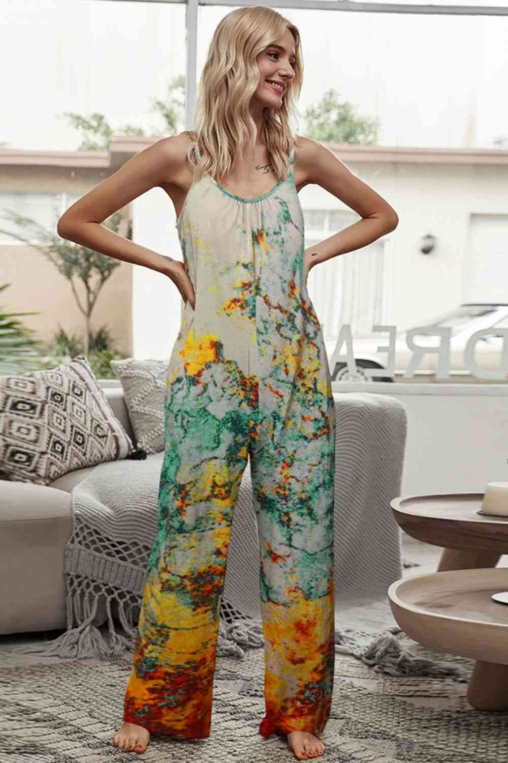 Tie-Dye Spaghetti Strap Jumpsuit with Pockets - TRENDMELO
