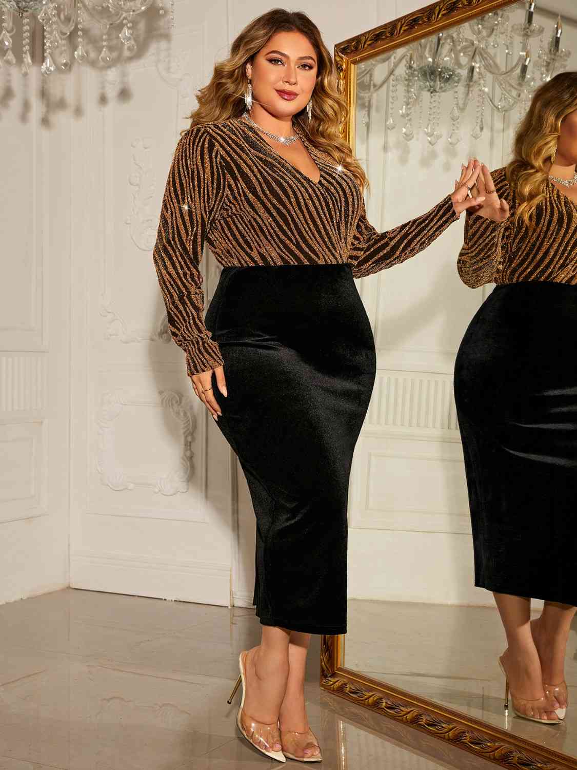 Plus Size Surplice Neck Long Sleeve Slit Dress - TRENDMELO