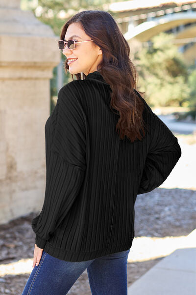 Basic Bae Full Size Ribbed Exposed Seam Mock Neck Knit Top - TRENDMELO