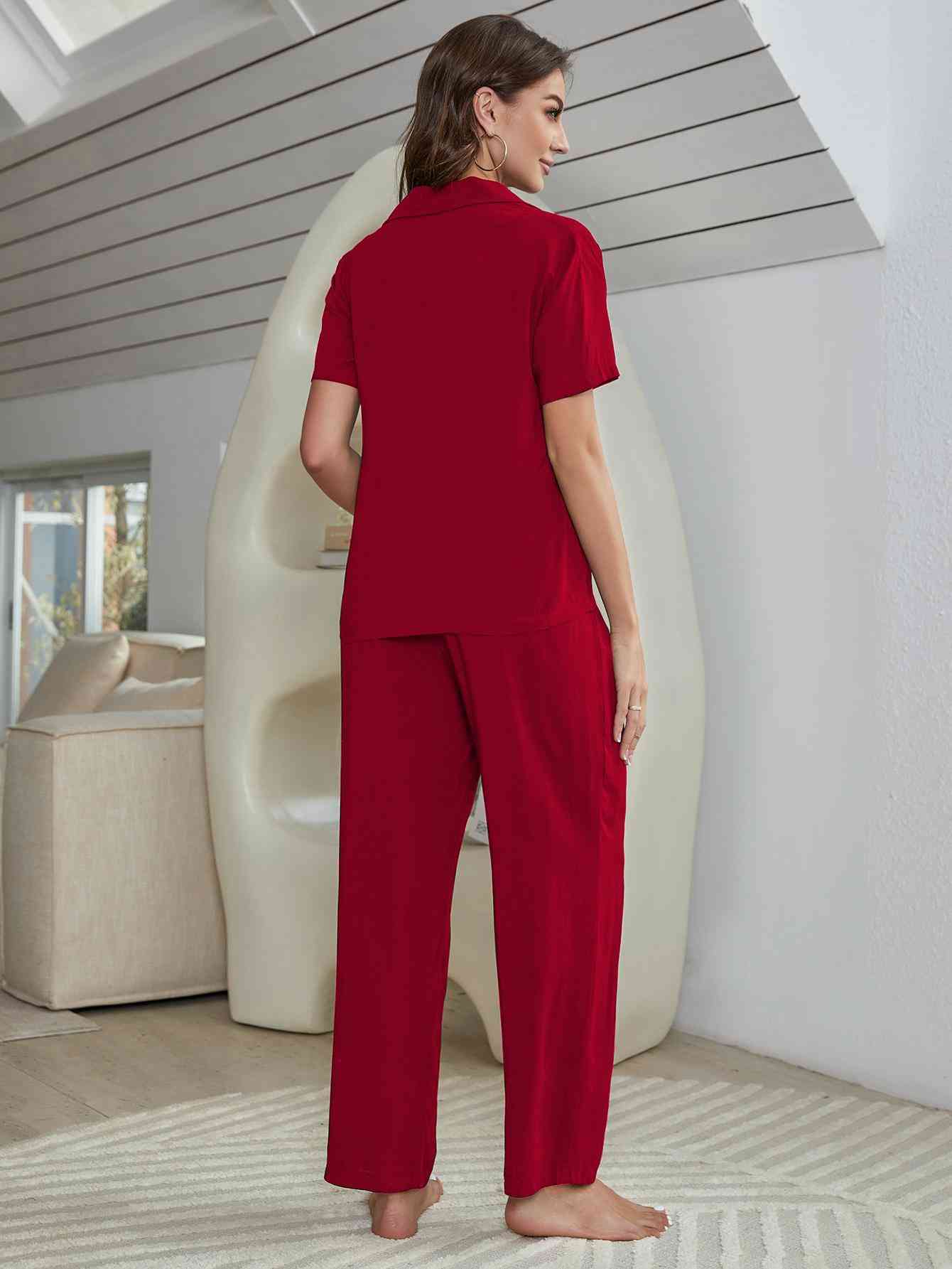 Short Sleeve Shirt, Bralette, and Pants Lounge Set - TRENDMELO