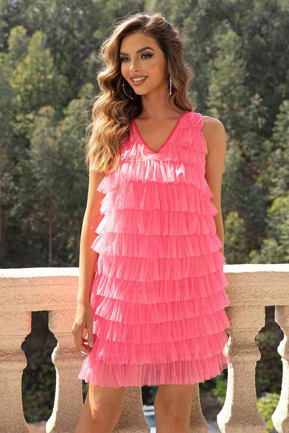 V-Neck Tiered Sleeveless Mesh Dress - TRENDMELO