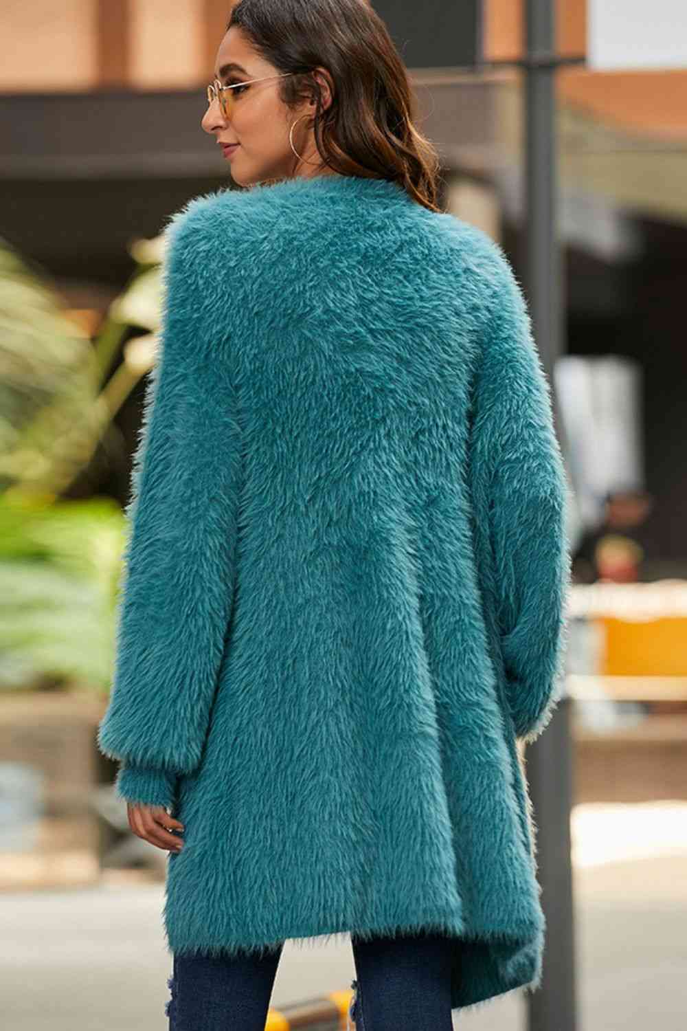 Open Front Fuzzy Cardigan with Pockets - TRENDMELO