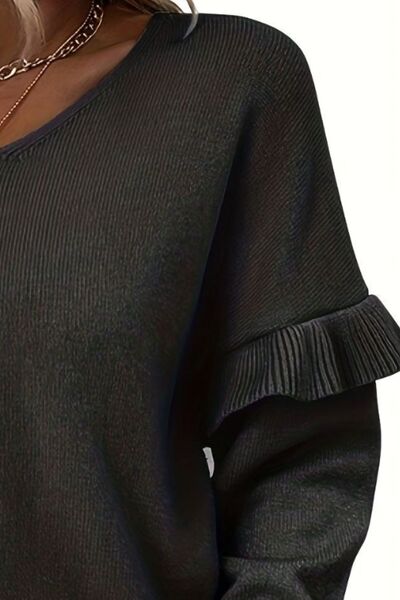 V-Neck Ruffle Trim Long Sleeve Sweater - TRENDMELO