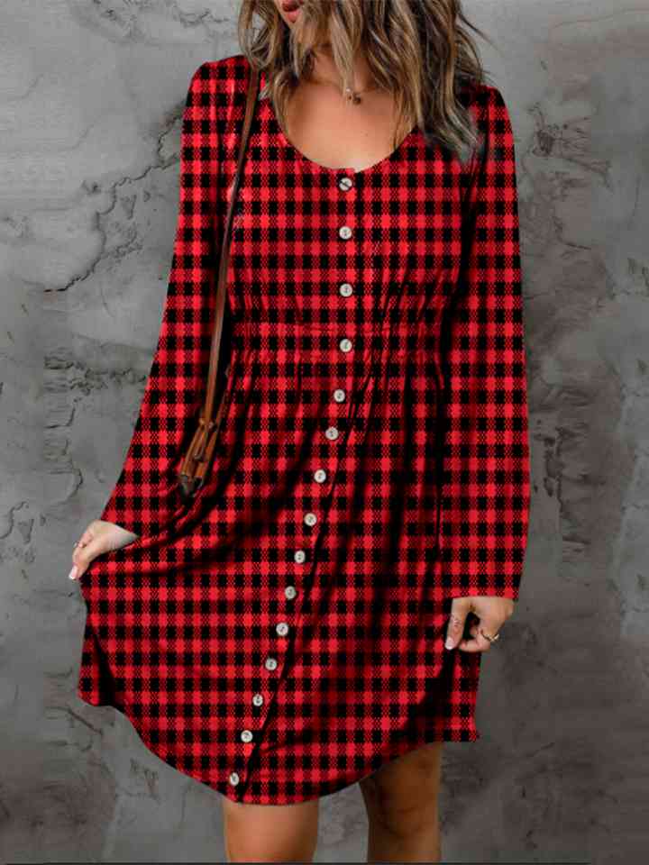 Double Take Full Size Plaid Round Neck Long Sleeve Magic Dress - TRENDMELO