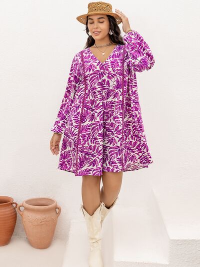 Plus Size Printed V-Neck Balloon Sleeve Mini Dress - TRENDMELO