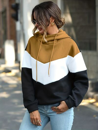 Contrast Drawstring Dropped Shoulder Hoodie - TRENDMELO