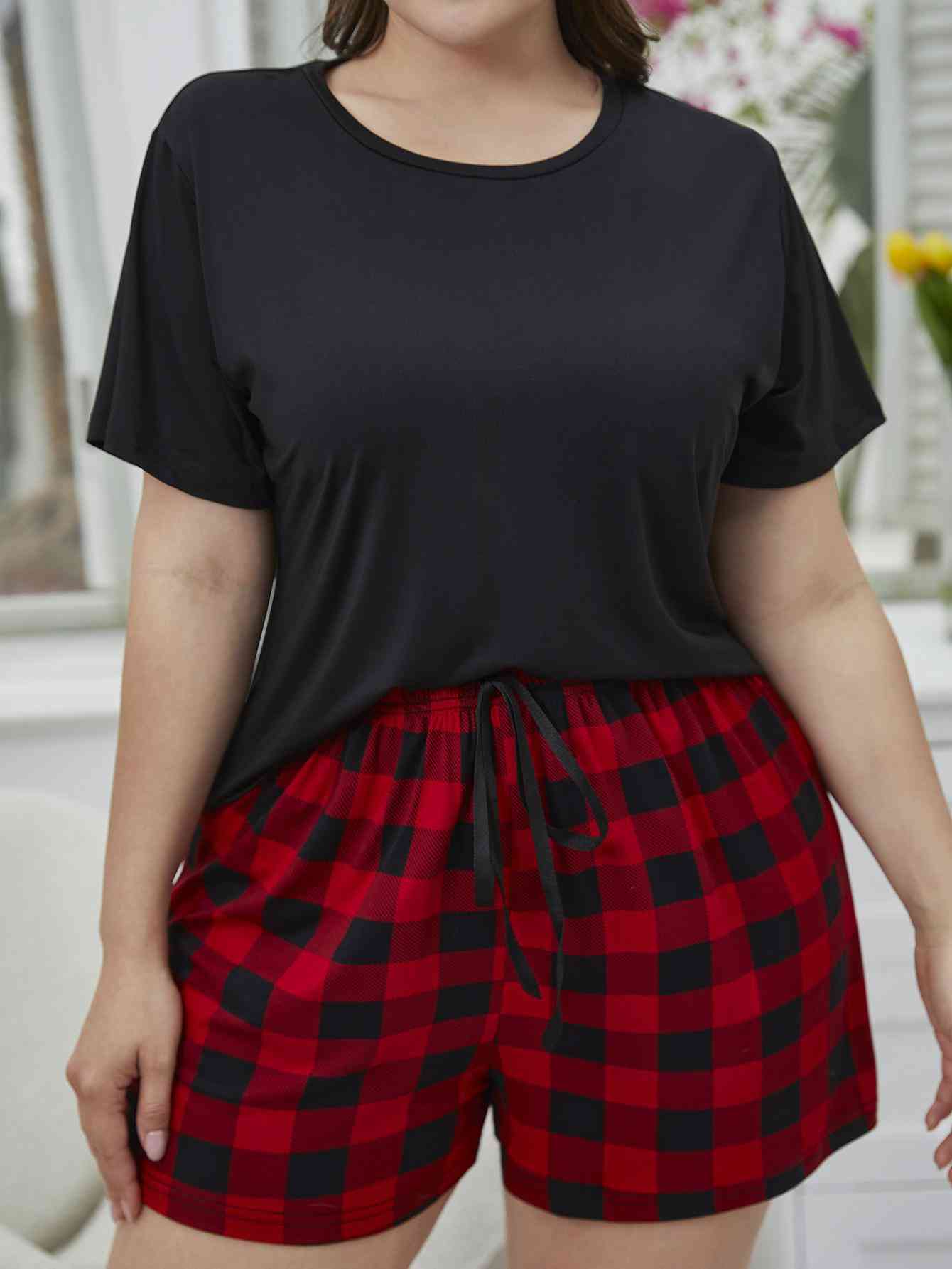 Plus Size Round Neck Tee Shirt and Plaid Shorts Lounge Set - TRENDMELO