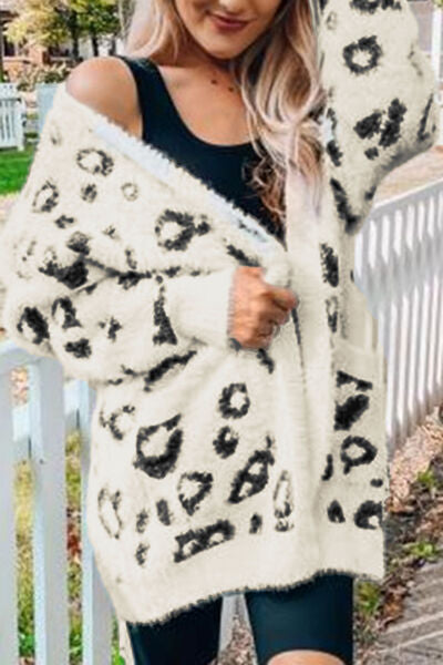 Leopard Open Front Cardigan with Pockets - TRENDMELO