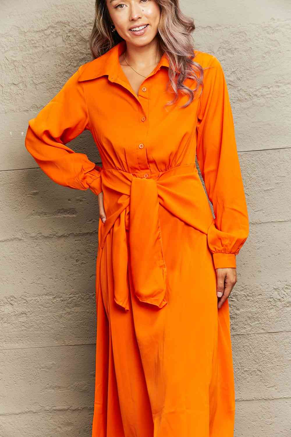 Collared Neck Long Sleeve Twisted Midi Dress - TRENDMELO