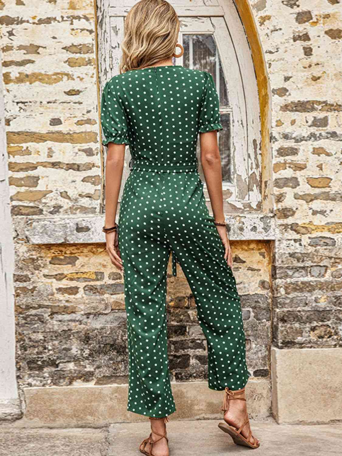 Polka Dot Belted Flounce Sleeve Jumpsuit with Pockets - TRENDMELO