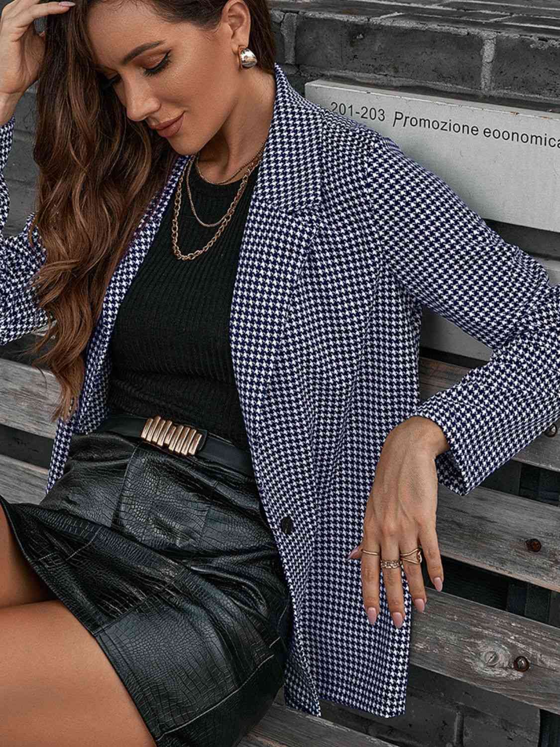 Houndstooth Lapel Collar Long Sleeve Blazer - TRENDMELO