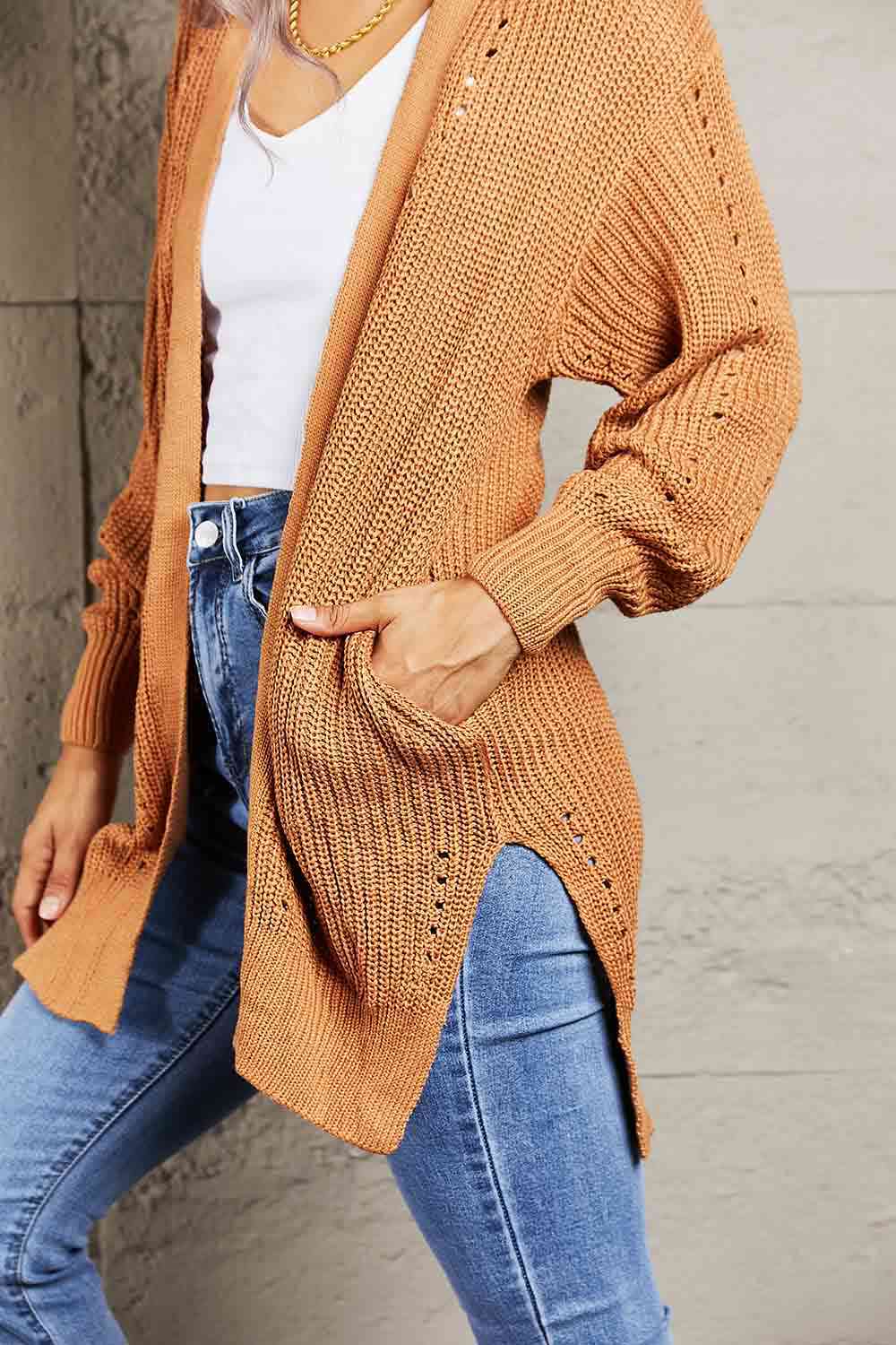 Woven Right Openwork Rib-Knit Slit Cardigan - TRENDMELO