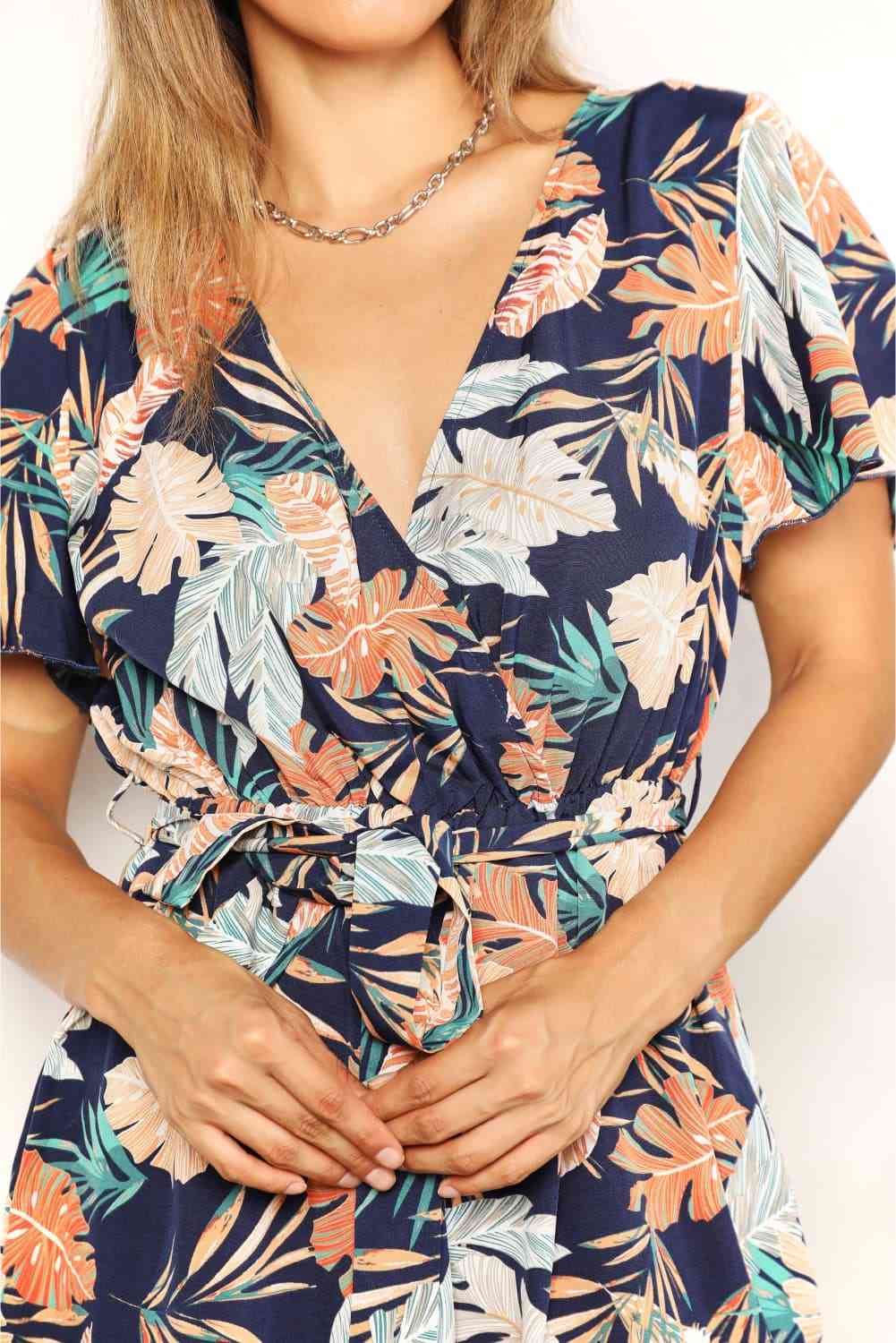 Double Take Botanical Print Surplice Neck Tie Waist Romper - TRENDMELO