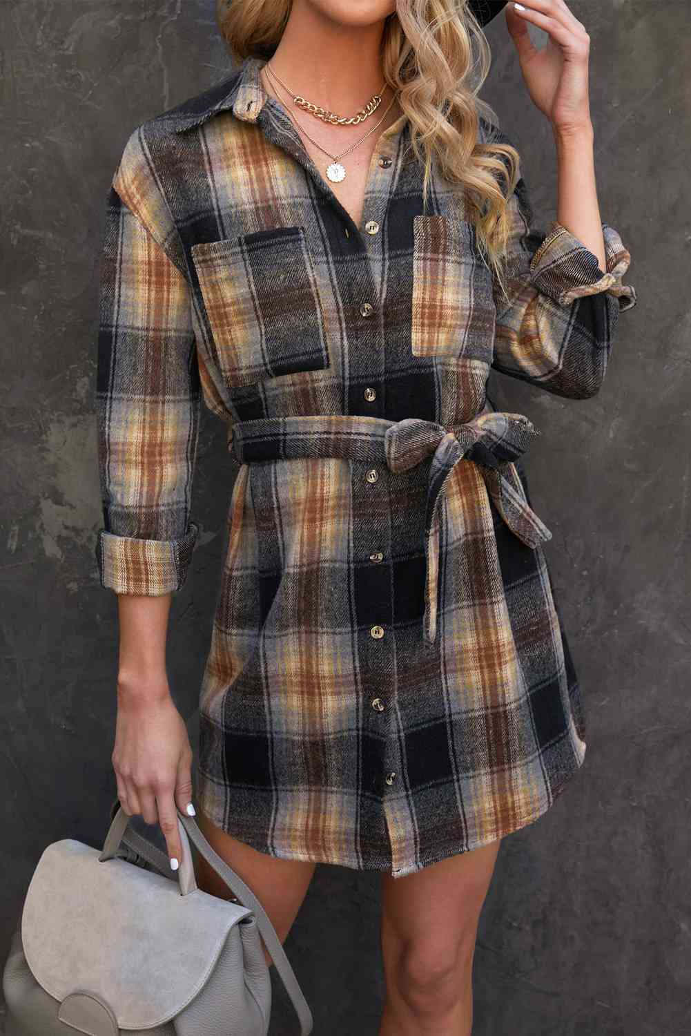 Plaid Tie Waist Button Down Shirt Dress - TRENDMELO