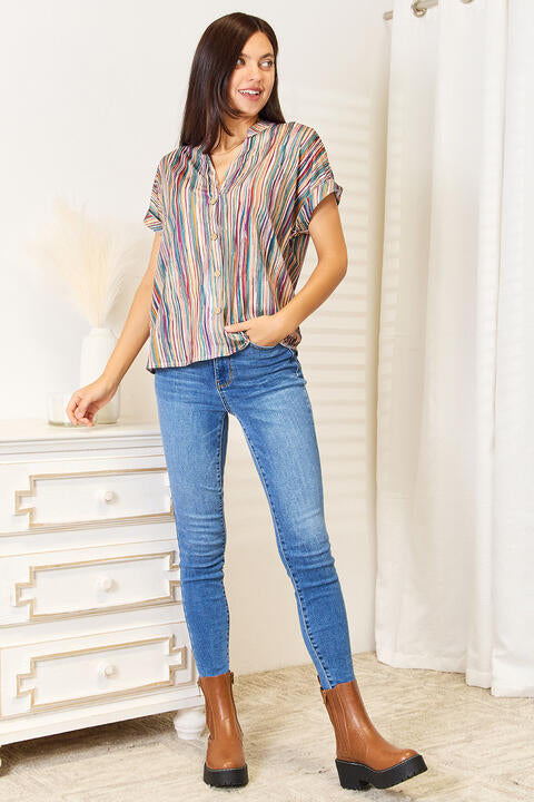 Double Take Multicolored Stripe Notched Neck Top - TRENDMELO