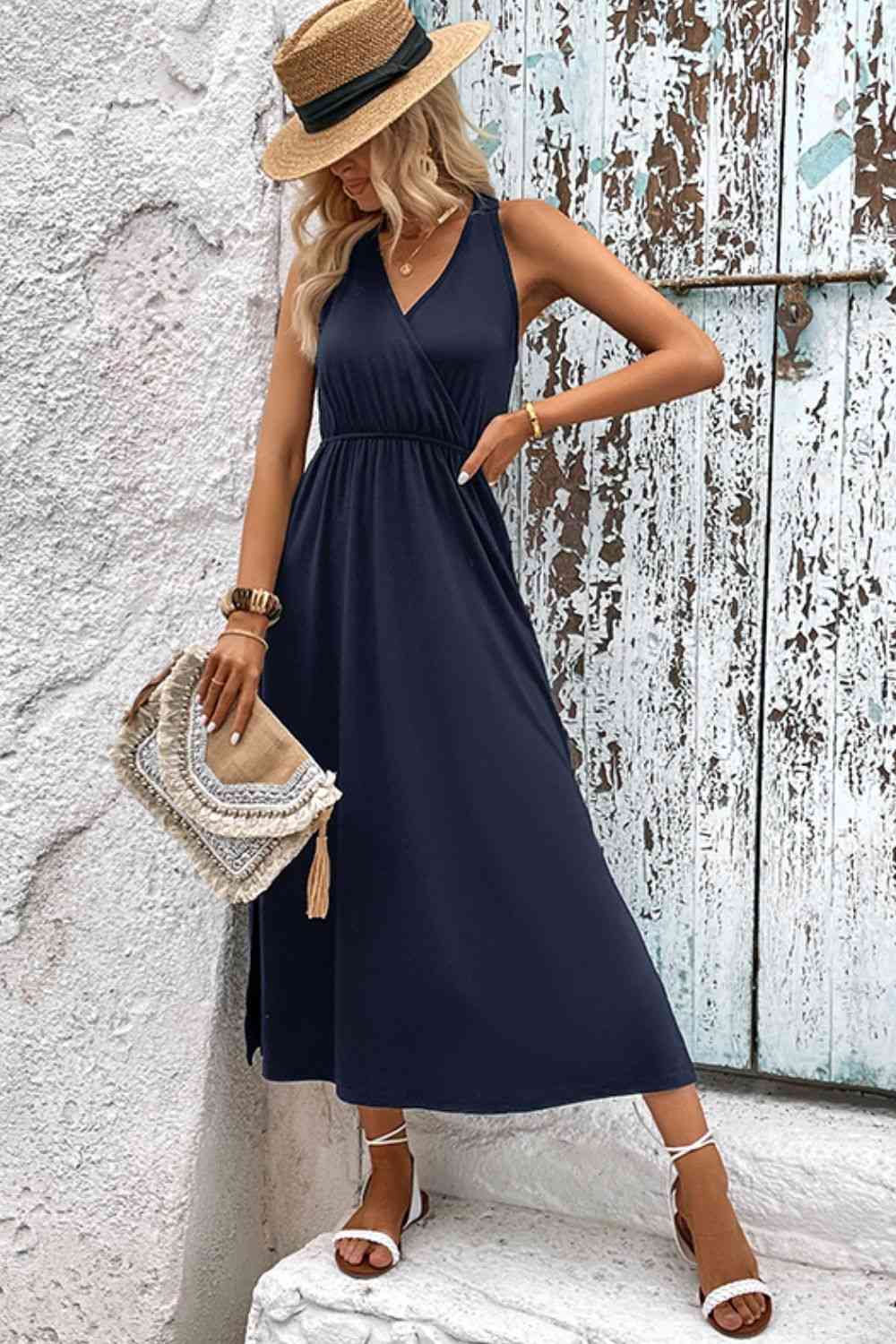Surplice Neck Slit Sleeveless Dress - TRENDMELO