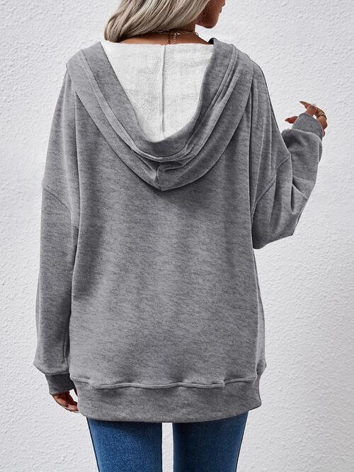 V-Neck Drop Shoulder Long Sleeve Hoodie - TRENDMELO