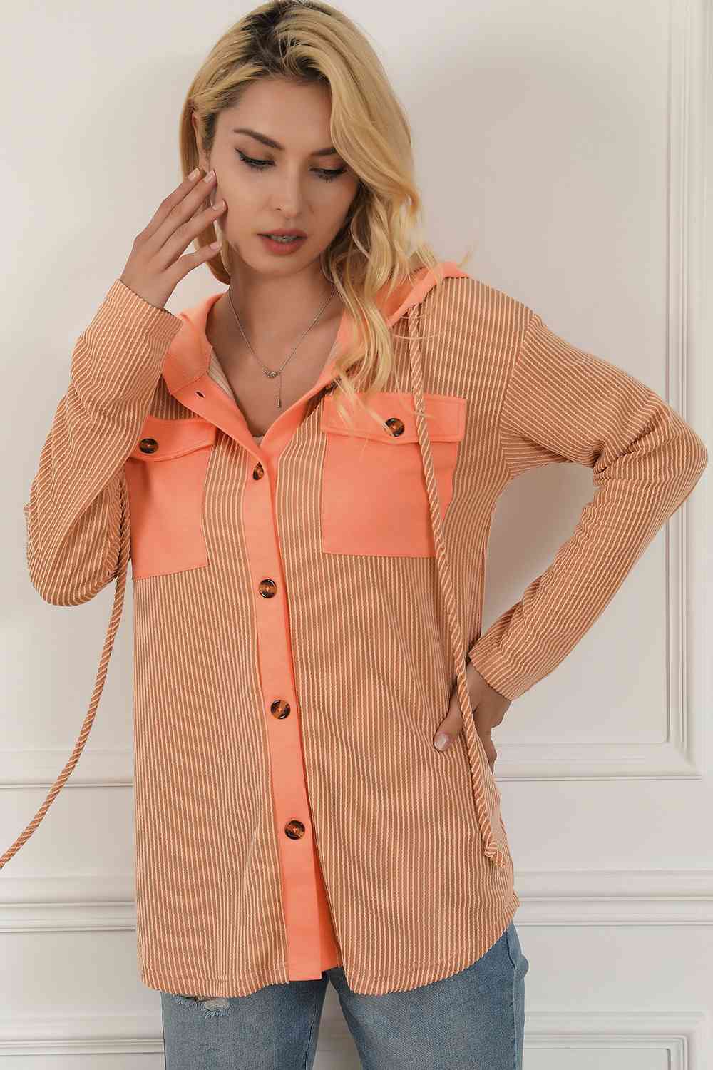 Button Down Drawstring Hooded Jacket - TRENDMELO