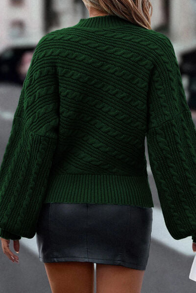 Cable-Knit Mock Neck Dropped Shoulder Sweater - TRENDMELO