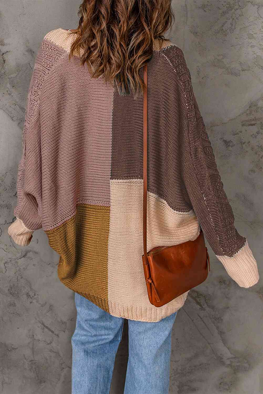 Woven Right Color Block Cable-Knit Batwing Sleeve Cardigan - TRENDMELO