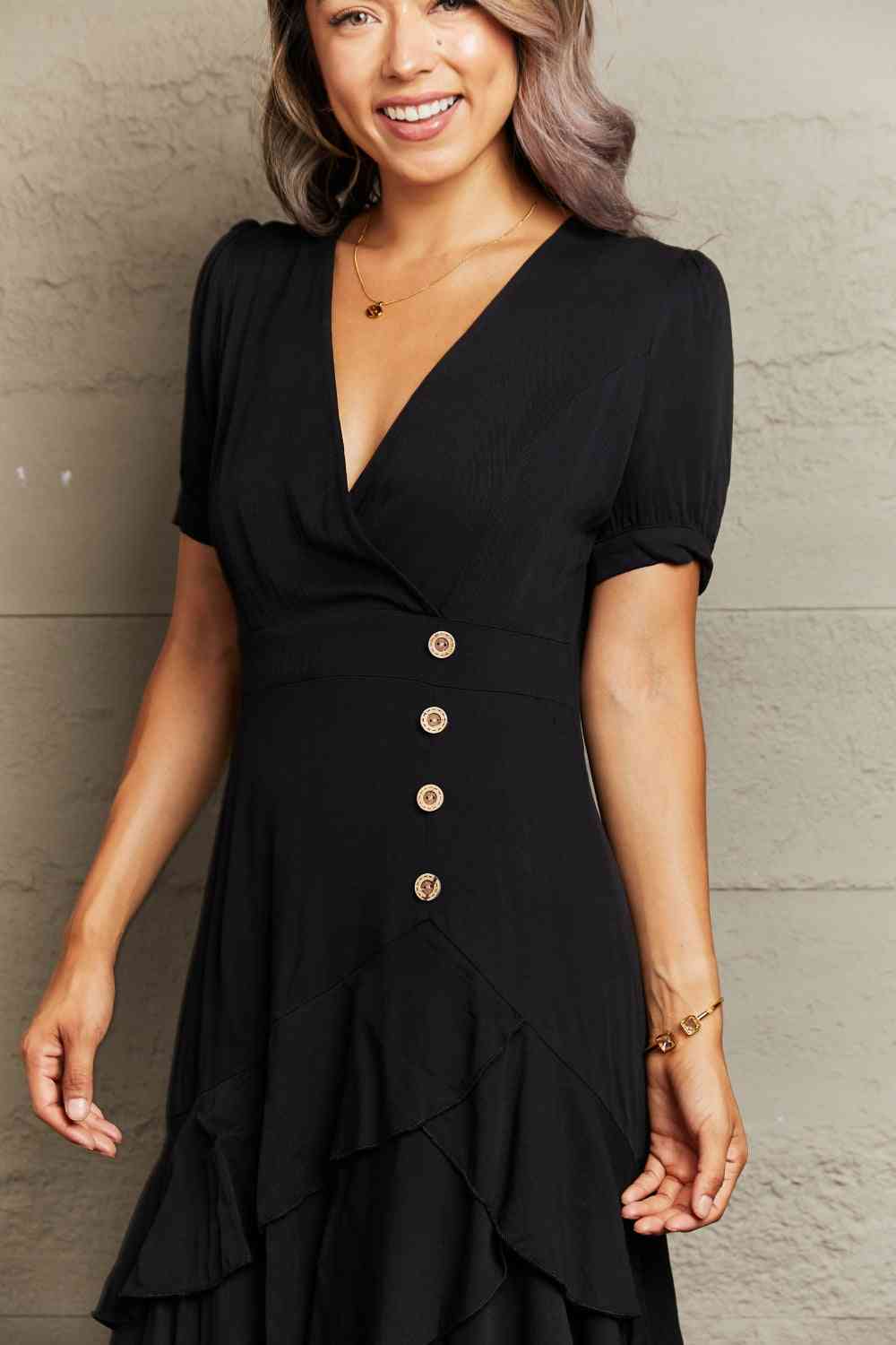 Decorative Button Surplice Ruffle Hem Dress - TRENDMELO