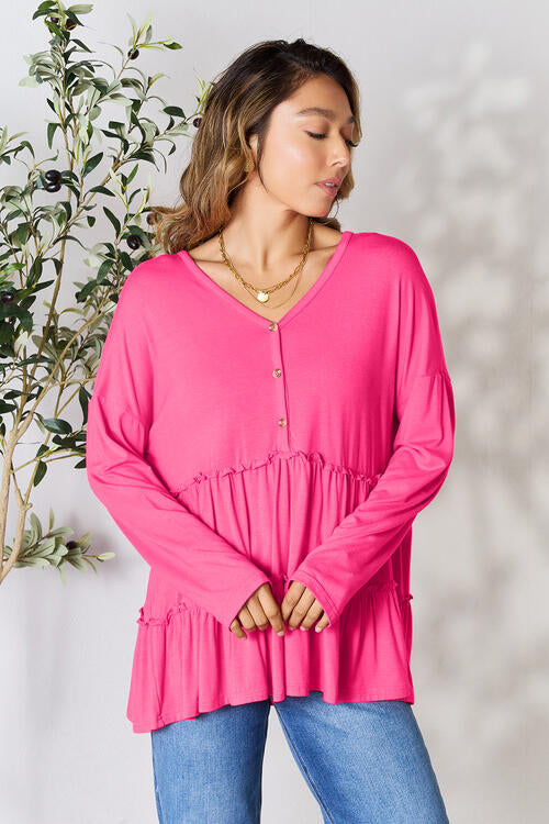 Double Take Half Button Long Sleeve Ruffle Hem Blouse - TRENDMELO