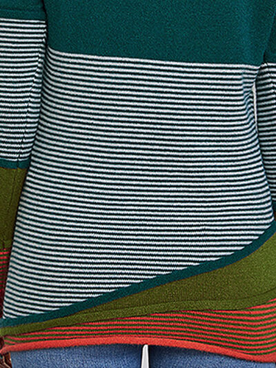 Striped Contrast Notched Long Sleeve Sweater - TRENDMELO