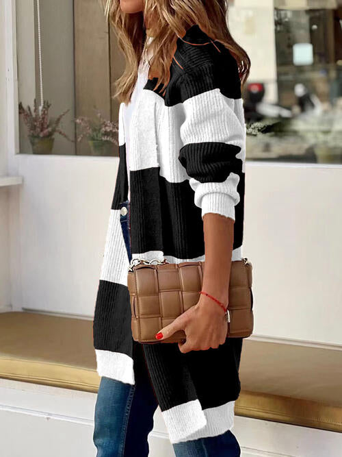 Contrast Open Front Long Sleeve Cardigan - TRENDMELO