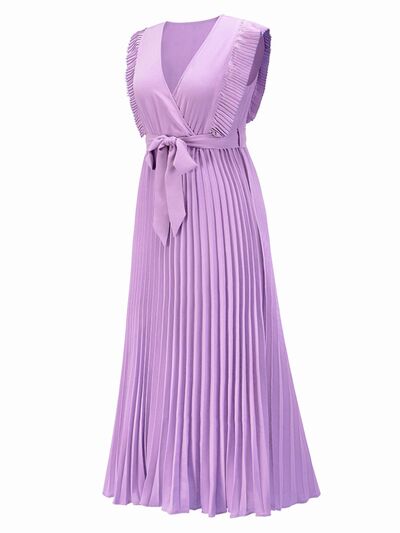 Tied Surplice Cap Sleeve Pleated Dress - TRENDMELO