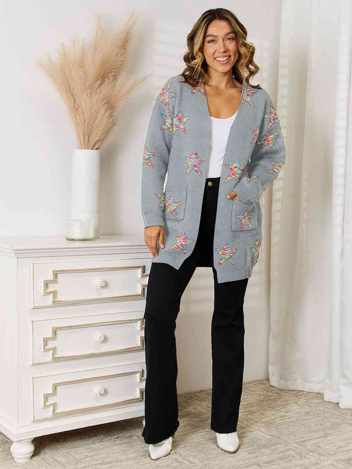 Star Pattern Open Front Cardigan with Pockets - TRENDMELO