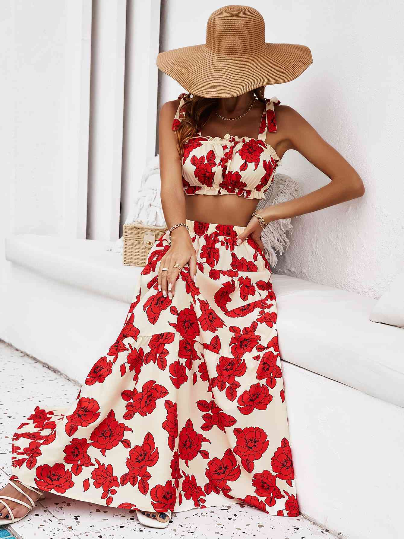 Floral Tie Shoulder Top and Tiered Maxi Skirt Set - TRENDMELO