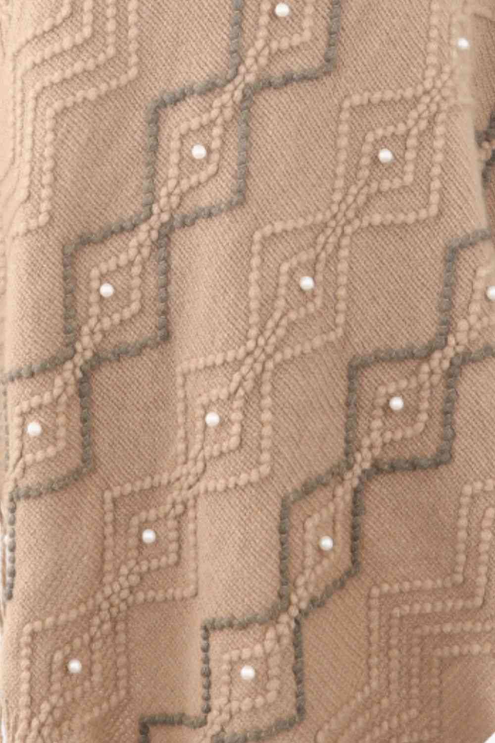 Pearl Trim V-Neck Fringe Hem Poncho - TRENDMELO