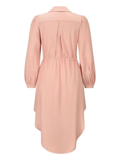 Drawstring Button Up Balloon Sleeve Dress - TRENDMELO