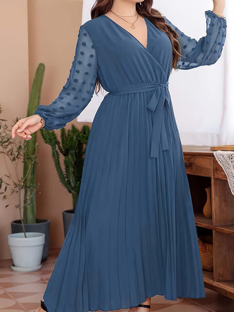 Plus Size Swiss Dot Tie Waist Maxi Dress - TRENDMELO