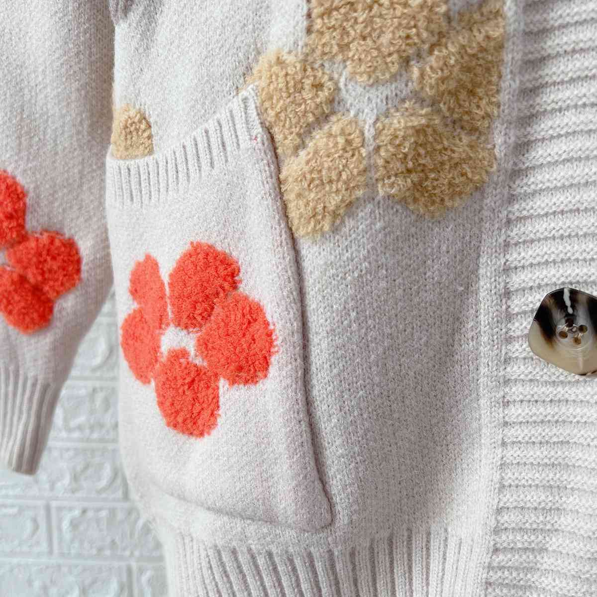 Floral V-Neck Button Up Cardigan with Pockets - TRENDMELO