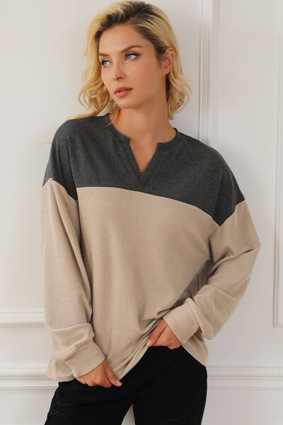 Color Block Notched Long Sleeve Sweatshirt - TRENDMELO
