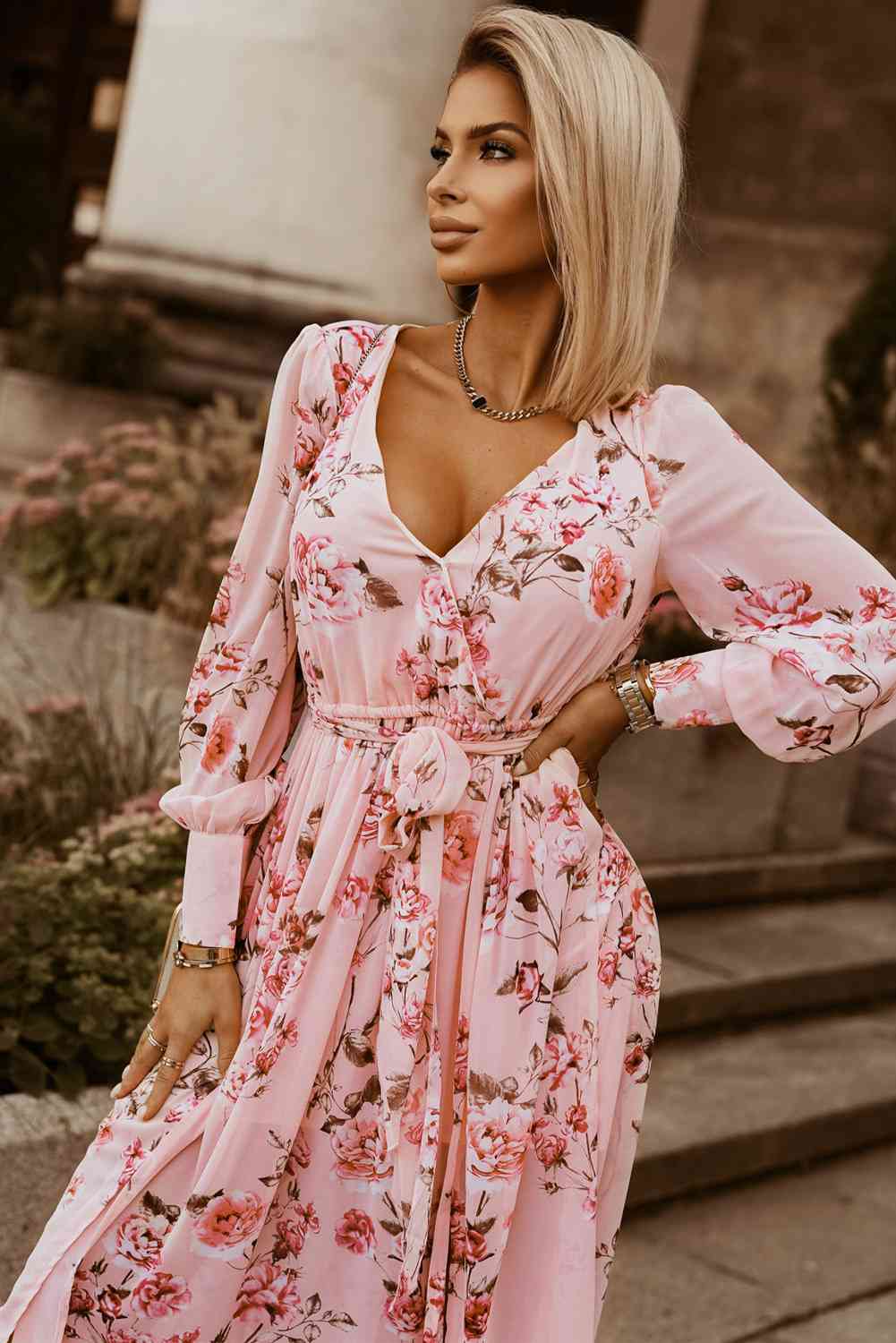 Floral Tie Belt Bishop Sleeve Slit Maxi Dress - TRENDMELO
