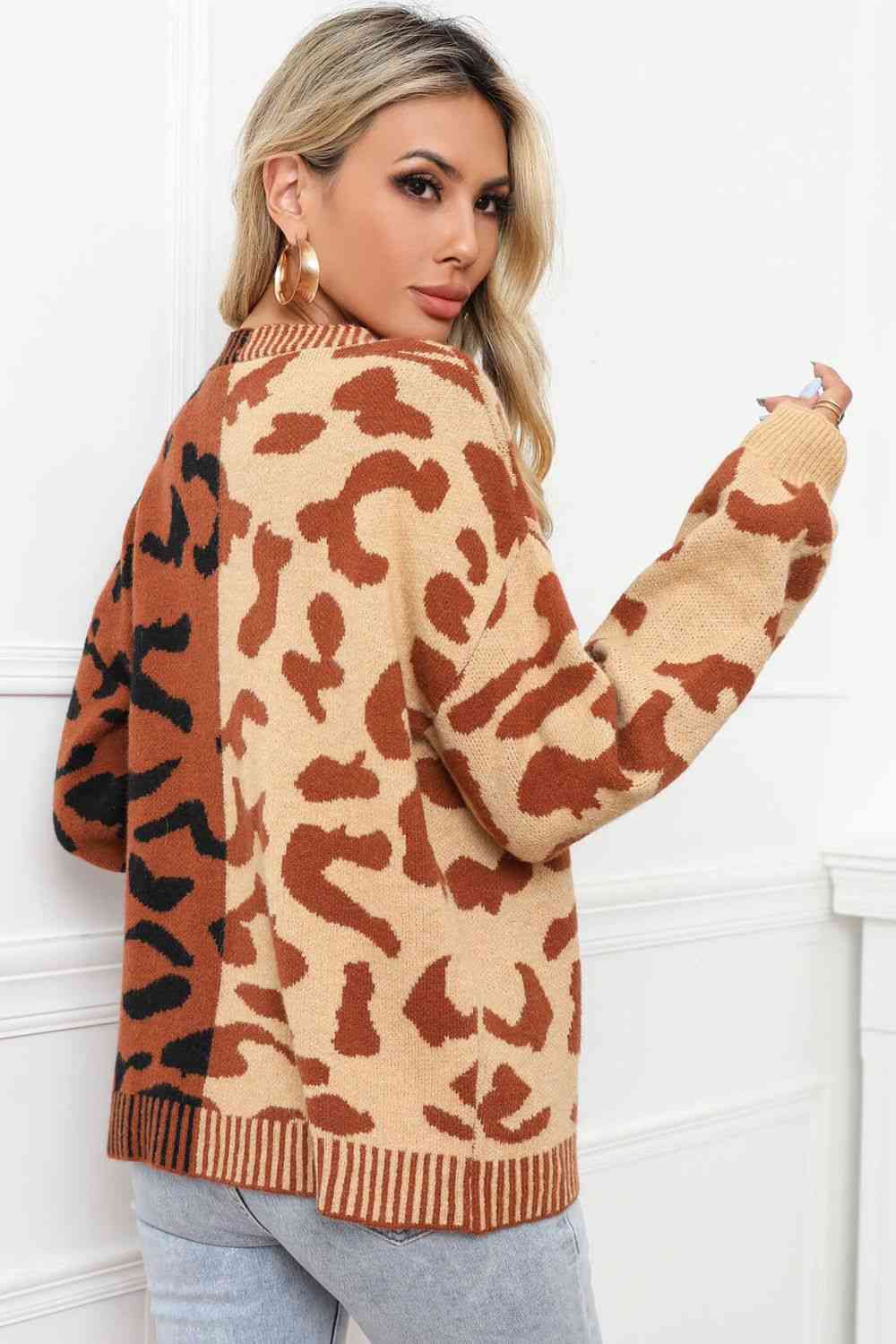 Leopard Button Front Ribbed Trim Cardigan - TRENDMELO