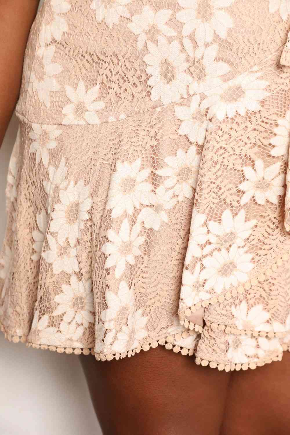 Double Take Floral Lace Pompom Detail Tie-Waist Flutter Sleeve Dress - TRENDMELO