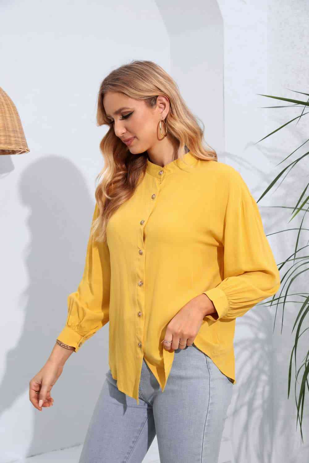 Mock Neck Buttoned Long Sleeve Shirt - TRENDMELO